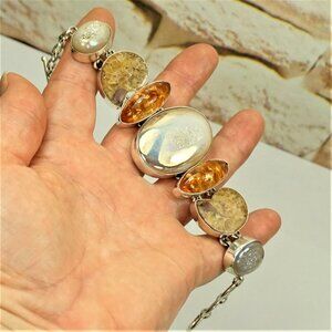 Rare Multi Stone 925 Silver Link Toggle Bracelet With Amber Ammonite Druzy MOP